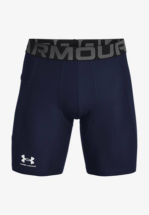 Marineblaue Sportshorts mit einem breiten schwarzen Bündchen, auf dem "ARMOUR" in Grau steht. Hergestellt aus dehnbarem Material, mit glatter Textur und taillierter Passform.