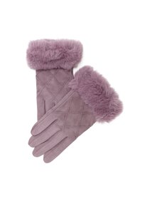 Guanti in suede viola con un polsino in pelliccia rosa trapuntato e morbido. Texture soffice e forma strutturata, progettati per calore e comfort.