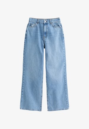 Light blue wide-leg jeans made of denim with a high waist, featuring a front button closure and two front pockets. Classic style.