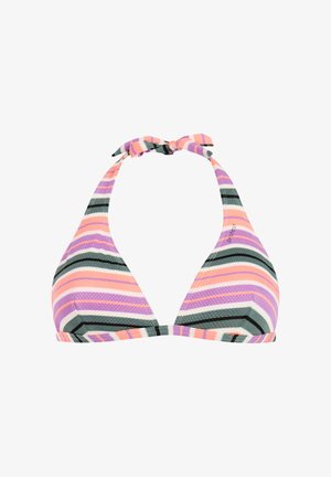 Pruhovaný horný diel bikín s ružovými, fialovými, čiernymi, bielymi a zelenými horizontálnymi a šikmými pruhmi, viazaný na krku.