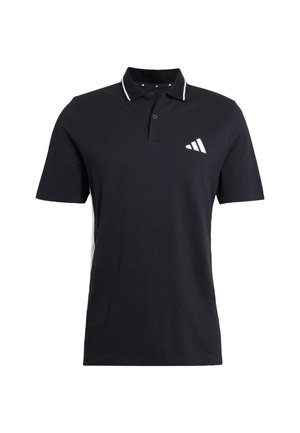 Polo shirt nera a maniche corte con rifinitura bianca sul colletto, patta con due bottoni e un piccolo logo Adidas bianco sul lato sinistro del petto.