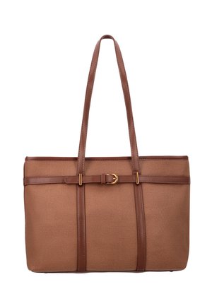 Hnědá obdélníková taška na rameno s dlouhými uchy, ozdobným páskem a detailem zlaté spony na předním panelu.