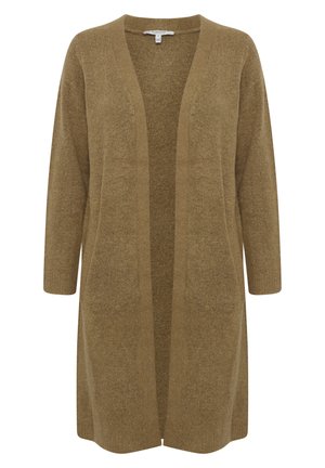 Cardigan long à ouverture devant en couleur beige chaud, confectionné en tissu tricoté texturé. Dispose de poches latérales et de manches trois-quarts.