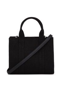 Borsa a mano in tela nera con doppio manico, una tracolla staccabile e chiusura con zip. Presenta una forma strutturata e lati rinforzati.