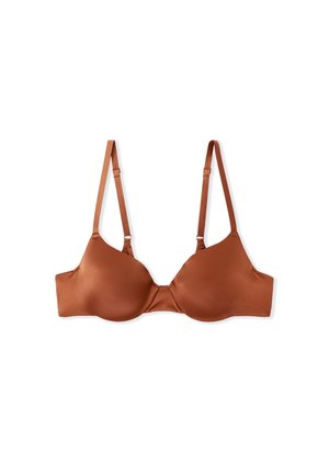 Soutien-gorge en satin marron avec des bonnets lisses et des bretelles réglables. Présente un design simple sans embellissements. Soutien-standard en fil métallique.