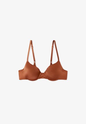 Brown satin bra with smooth cups and adjustable straps. Features a simple design without embellishments. Standard underwire support.