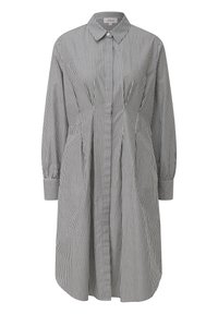 Robe chemise rayée en noir et blanc, dotée d'un col, d'une fermeture à boutons, de manches longues et de deux poches latérales ; confectionnée en tissu léger.