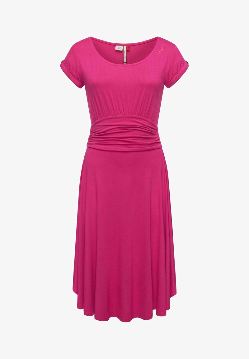 Rosa Kurzarmkleid mit Rundhalsausschnitt, geraffter Taille und fließendem Rock. Aus weichem, dehnbarem Stoff mit glatter Textur gefertigt.