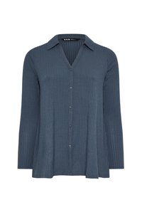 Mörkblå ribbad skjorta med knappar och V-ringning samt långa ärmar. Har en strukturerad krage och sex knappar framtill. Mjuk textur.