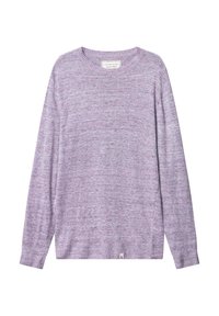 Helllila gestrickter Pullover mit langen Ärmeln, Rundhalsauschnitt und gerippten Bündchen und Saum. Aus einem weichen, strukturierten Material gefertigt.