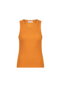 Orange ribbed tank top with a round neckline, featuring a small heart logo on the left chest. Made from a lightweight material.