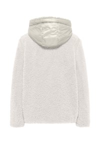 Witte nepbont jas met een glanzende lichtgrijze kap, textuurstof en een relaxte pasvorm. Beschikt over stiksels op de schouders.