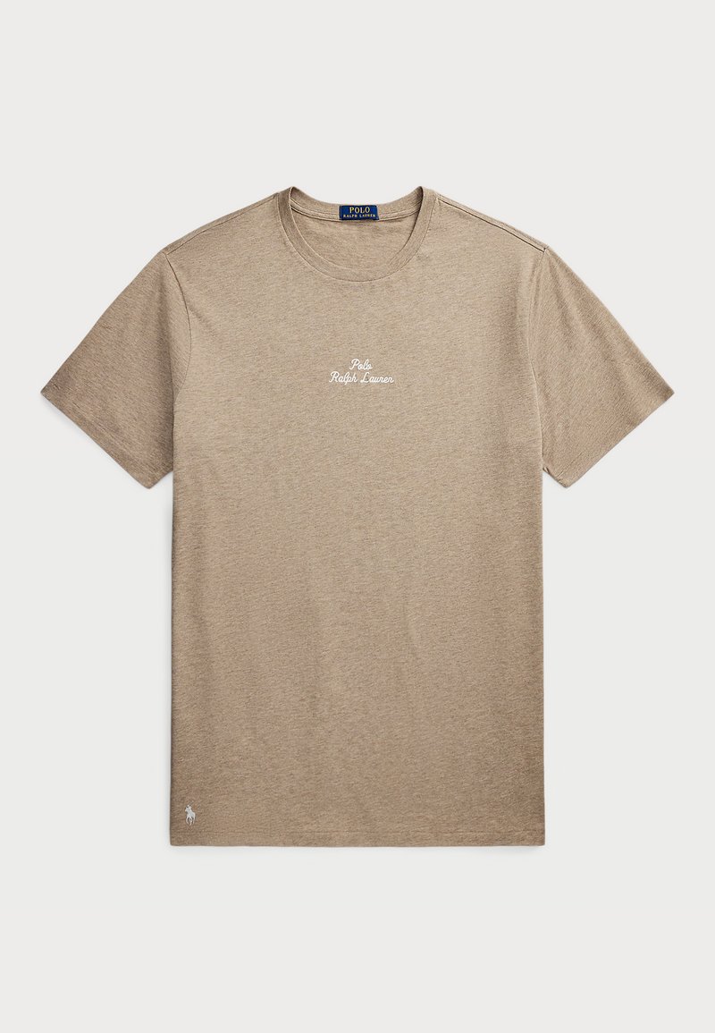 Beige bomull t-shirt med klassisk rund hals och korta ärmar, med "Polo Ralph Lauren"-logotyp broderad i vitt på bröstet.
