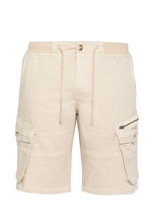 Beige cargoshorts med elastisk talje, snøre, knaplukning, sidelommer med klap og en lynlåslomme på højre ben.