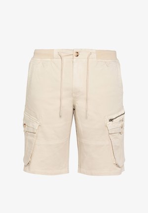Beige Cargo-Shorts mit elastischem Bund, Kordelzug, Knopfverschluss, seitlichen Klappentaschen und einer Reißverschlusstasche am rechten Bein.