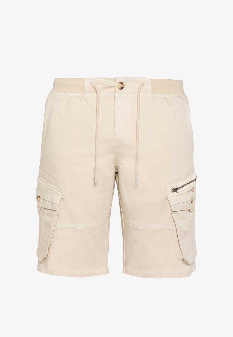 Short cargo beige avec taille élastique, cordon, fermeture par bouton, poches latérales à rabat et une poche zippée sur la jambe droite.