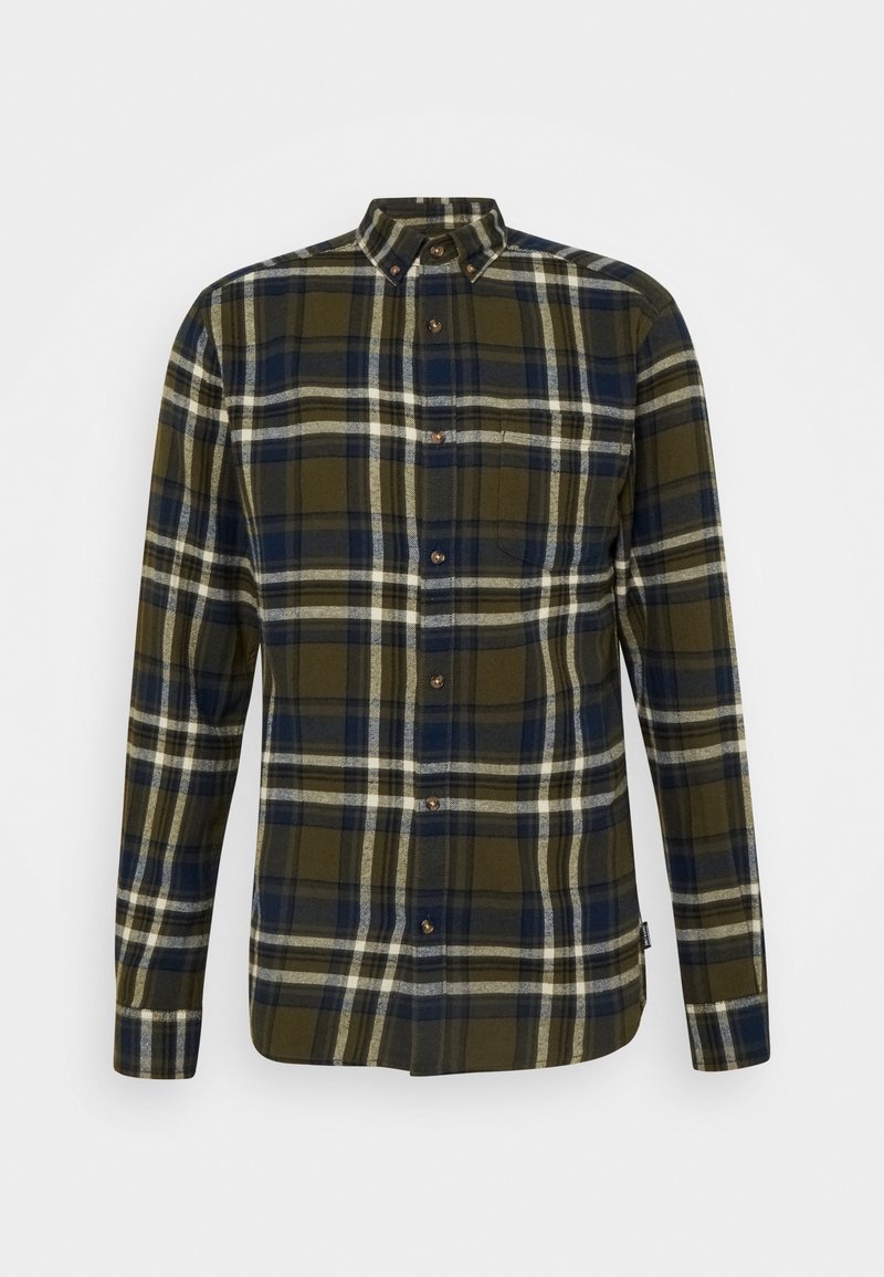 Flanellen shirt met een groen, marineblauw en roomkleurig ruitpatroon. Met knoopsluiting aan de kraag, lange mouwen en knoopsluiting aan de voorkant.