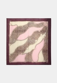 Foulard quadrato in seta con motivo leopardato e catena in tonalità di rosa e crema, bordato da un profondo bordo viola.