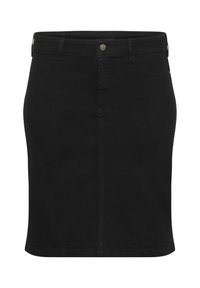 Zwarte denim rok met een getailleerde silhouette, medium lengte, sluiting met knopen aan de voorkant, riemlussen en subtiele stikdetails langs de naden.