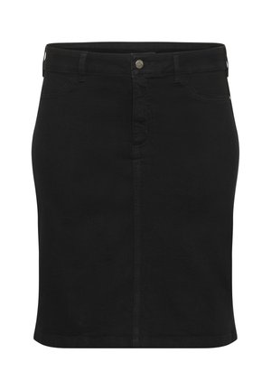 Sort denim nederdel med en tætsiddende silhuet, mellemlang længde, frontlukning med knapper, bæltesløjfer og subtile syninger langs sømmene.