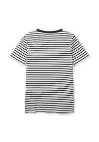 Svartvitt randig kortärmad t-shirt med rundad halsringning och en mjuk textur genom hela tyget. Bakvy visas.