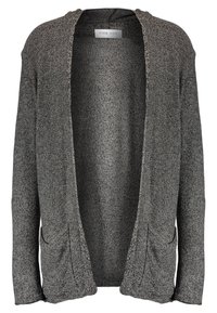 Graue, offen geschnittene Strickjacke aus strukturiertem Strickstoff. Verfügt über zwei Fronttaschen und lange Ärmel. Leichtes und lässiges Design.