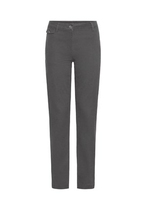 Mørkegrå slim fit bukser med knappelukking, beltehemper og en liten klafflomme detalj nær midjebåndet på en hvit bakgrunn.