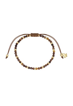 Verstellbares braunes Kordelarmband mit abwechselnd kleinen dunkelbraunen und goldenen Perlen und einem kleinen goldenen Vogelanhänger am Ende einer Kordel.
