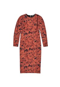 Vestido de manga larga en una tela de color rojo-anaranjado con un patrón abstracto negro, escote redondo y silueta ajustada.