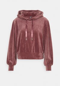Felpa con cappuccio in velluto color mauve, caratterizzata da un design corto, maniche a palloncino ampie e lacci in satin con punte metalliche.
