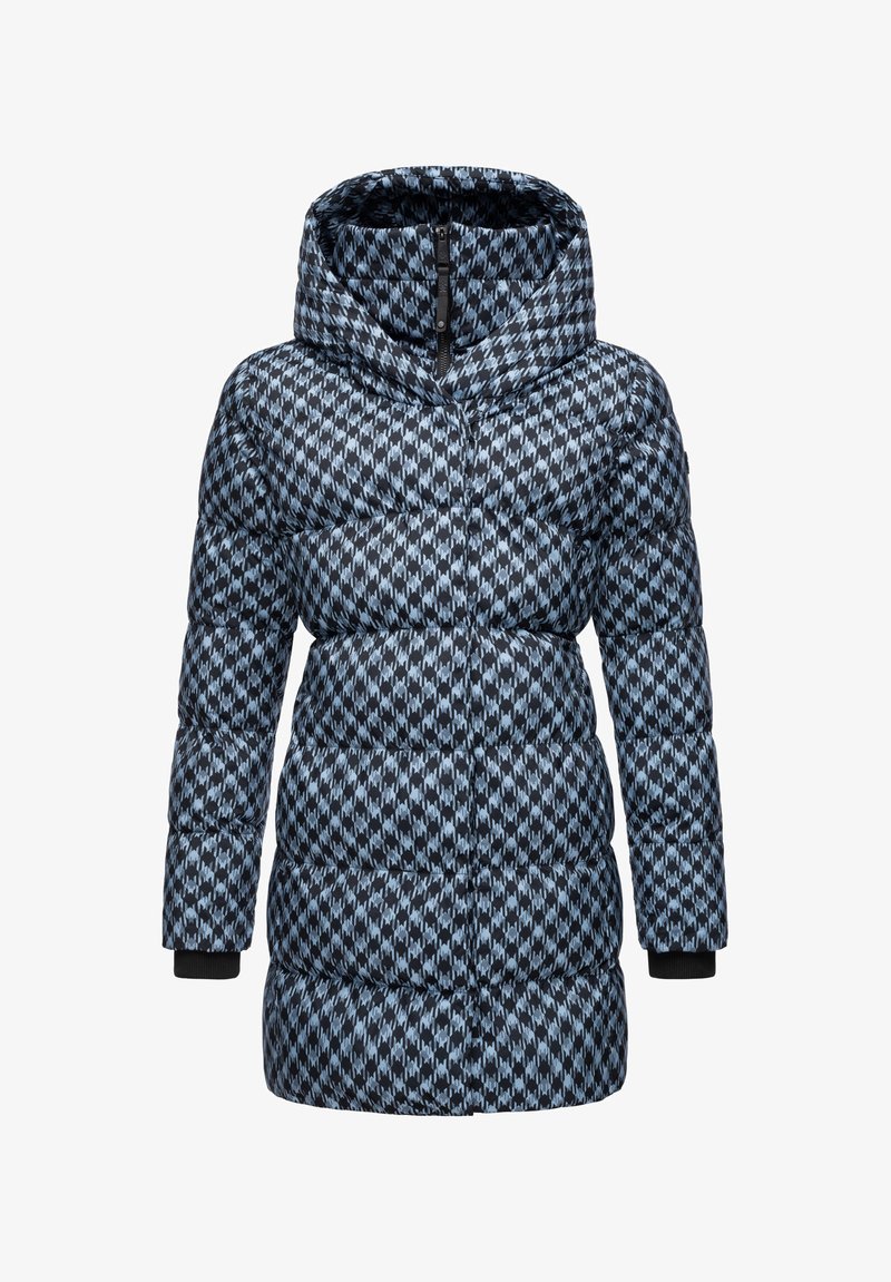 Cappotto imbottito con cappuccio, motivo geometrico nero e blu, chiusura con zip e polsini a coste. Il materiale sembra morbido e isolante.