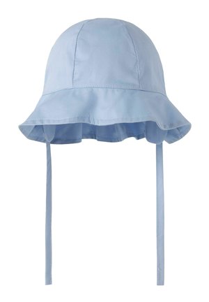 Hellblauer, weicher Stoff-Bucket-Hut mit breiter Krempe und langen Kinnriemen, die herunterhängen.