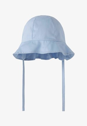 Hellblauer, weicher Stoff-Bucket-Hut mit breiter Krempe und langen Kinnriemen, die herunterhängen.