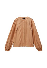 Blouse longue à manches longues marron clair en tissu doux, avec un col rond, une fermeture à boutons, des détails à pinces et des manches plissées.