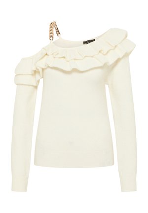 Maglione bianco con scollo arricciato, taglio asimmetrico con spalla scoperta e dettaglio in catena su un cinturino. Morbida texture lavorata a maglia.
