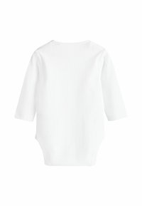 Body de bébé à manches longues blanc avec une texture côtelée. Il présente un col rond et des boutons-pression en bas pour un habillage facile.