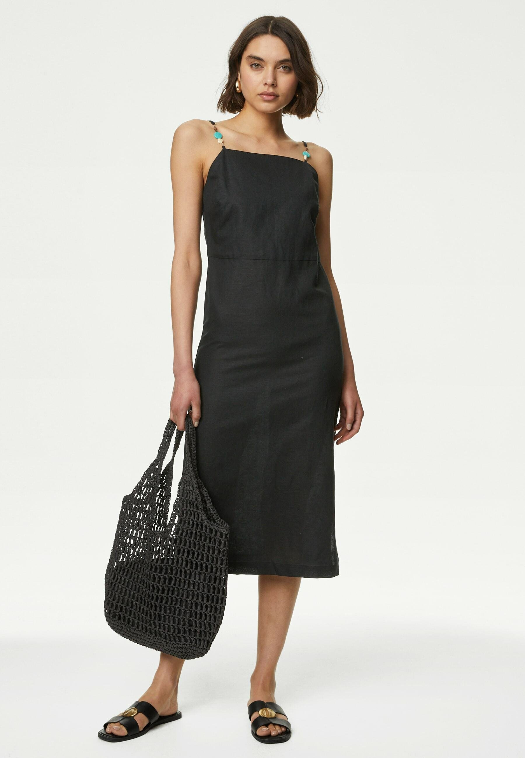 Marks & Spencer LINEN RICH BEADED MIDI SLIP - Day dress - black - Zalando