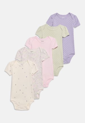 Πέντε κοντομάνικα βρεφικά κορμάκια σε παστέλ χρώματα και σχέδια, τοποθετημένα σε σχήμα βεντάλιας σε λευκό φόντο.