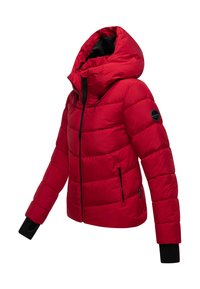 Röd puffjacka med huva, med en vadderad design, två sidofickor med dragkedjor och svarta ärmslut. Mjuk, slät yta och hållbart material.