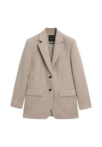 Blazer beige realizzato in tessuto testurizzato, con rever a cresta, due tasche frontali e due bottoni neri. Silhouette semplice e sartoriale.