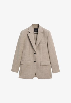 Beige Blazer aus strukturiertem Stoff, mit eingelegtem Revers, zwei Vordertaschen und zwei schwarzen Knöpfen. Schlichte und maßgeschneiderte Silhouette.