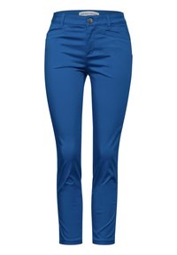 Blue fitted trousers made of smooth fabric. Features a button closure, two front pockets, and a slim leg design.