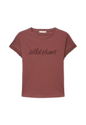 Terranova, T-SHIRT CON SCRITTA TRAFORATA E BORDO MACRAMÈ - T-shirt con stampa - mogano