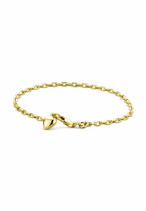 Bracciale in catena d'oro con charm a forma di cuore e una chiusura sicura. Presenta anelli intrecciati e una finitura lucida.