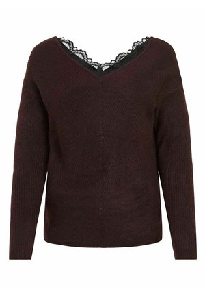 Dunkelbrauner, langärmliger Strickpullover mit V-Ausschnitt und schwarzem Spitzenbesatz am Hals.