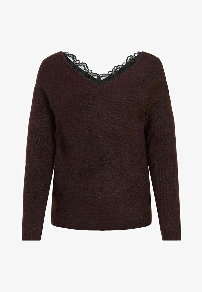 Tmavě hnědý dlouhý pletený svetr s výstřihem do V a černou krajkovou ozdobou u krku.