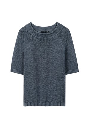 Blue knitted short-sleeve sweater with ribbed crew neck, cuffs, and hem, featuring a textured pattern and casual fit.