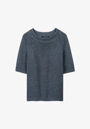 Blue knitted short-sleeve sweater with ribbed crew neck, cuffs, and hem, featuring a textured pattern and casual fit.