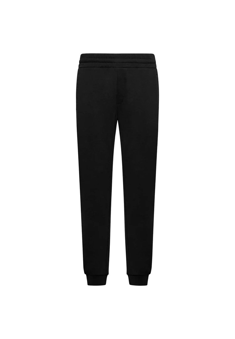 Zwarte sweatpants van zacht materiaal met een taps toelopend ontwerp, elastische tailleband en gebreide boorden bij de enkels.