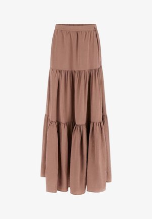 Gonna lunga marrone chiaro con fascia elastica alta in vita e pannelli di tessuto arricciato a balze che creano una silhouette fluida.